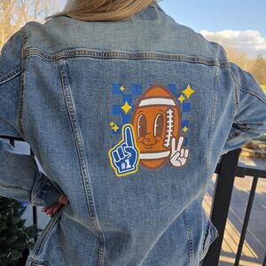 Retro Football Graphic Denim Jacket - Blue with Orange Patch